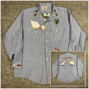 Vtg Dickies Button Up Shirt Womens XL Mens L Hand Painted Ducks Americana Folk